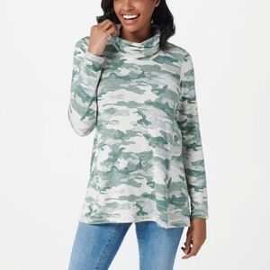 Susan‎ Graver Weekend Regular Camo Sweater Knit Cowl Neck Tunic Mint XL
